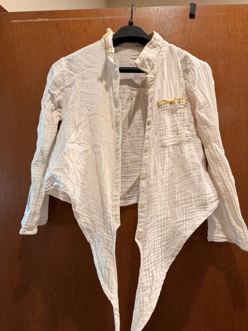 Natural Life White Gauze Button-Front Asymmetric Shirt with Gold Trim